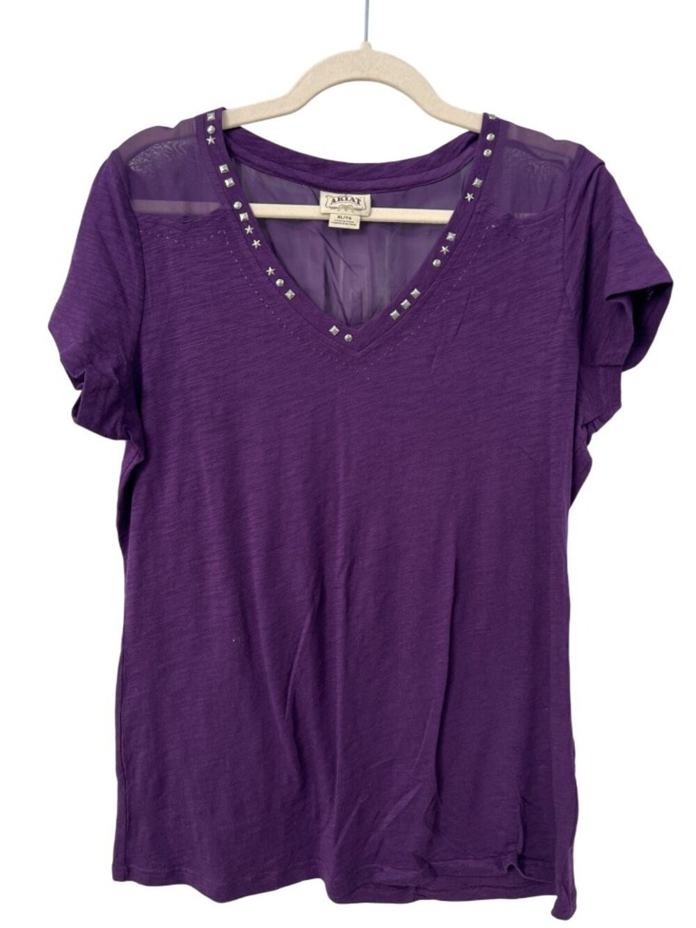 Ariat TShirt XL V Neck Short Sleeve Studded Sheer Yoke Tee Purple Cotton